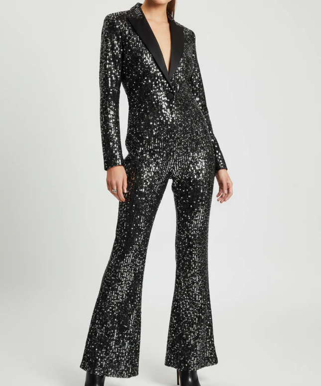 Zara Black Sequin Tailored Blazer and Flared Pants Suit Set