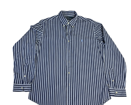 Polo Ralph Lauren Navy Blue Striped Custom Fit Long Sleeve Button-Down Shirt