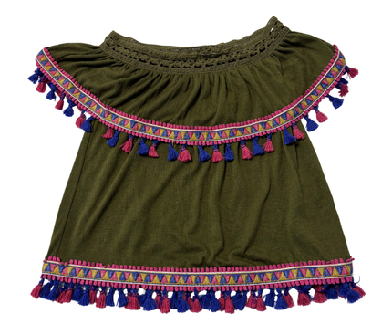 Lee Cooper Green Embroidered Boho Tassel Top