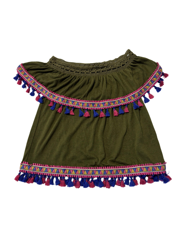 Lee Cooper Green Embroidered Boho Tassel Top