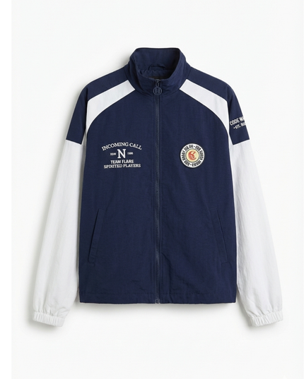 Bershka Navy Blue Graphic Colorblock Windbreaker Jacket