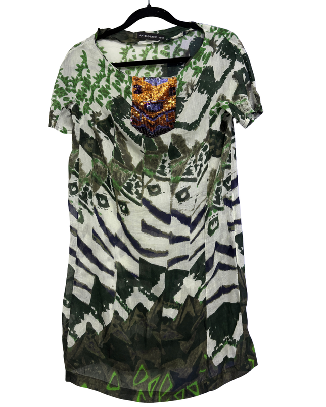 Antik Batik Green/White Sequin Embellished Abstract Print Mini Dress
