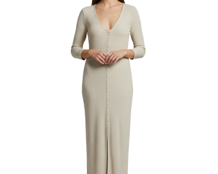 Stradivarius Beige Ribbed Knit Button-Down Midi Dress