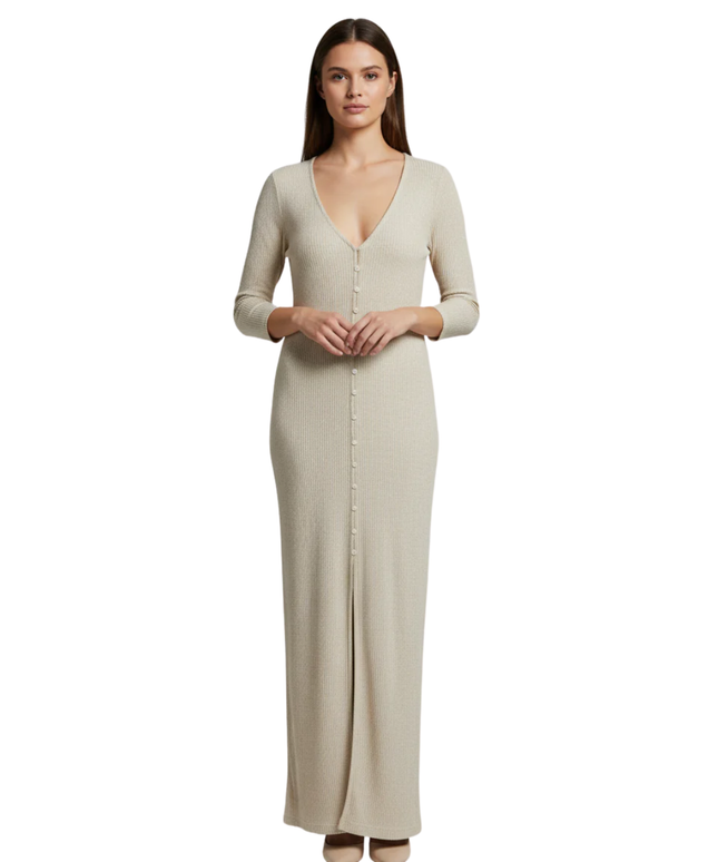 Stradivarius Beige Ribbed Knit Button-Down Midi Dress
