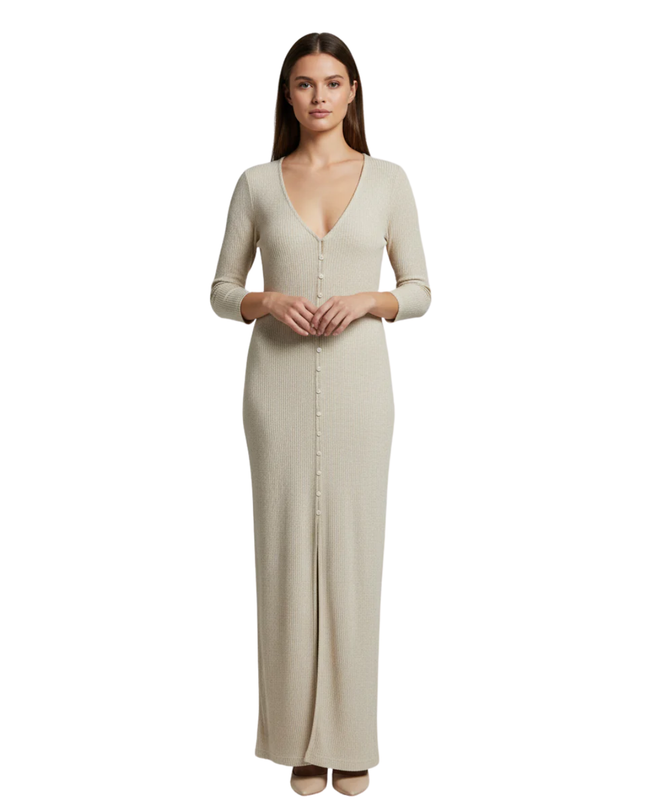 Stradivarius Beige Ribbed Knit Button-Down Midi Dress