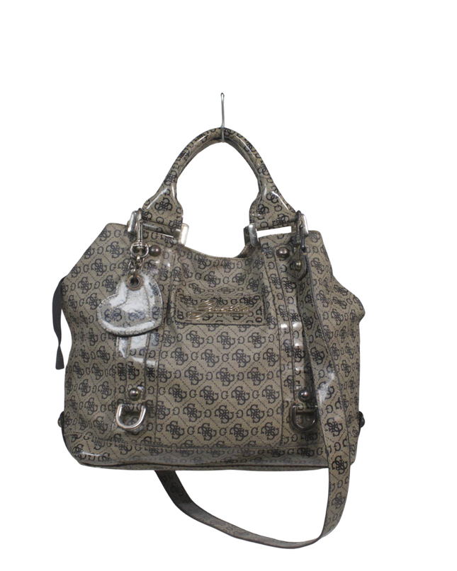 Guess Brown Monogram Patent Satchel Bag