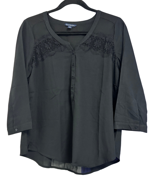 American Eagle Black Lace Detail Henley Blouse