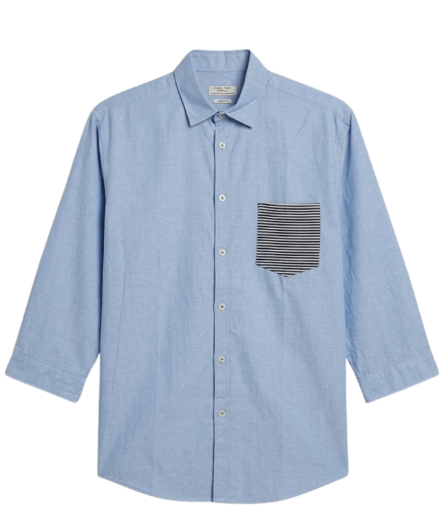 ZARA MAN Blue Asian Fit Shirt with Striped Contrast Pocket