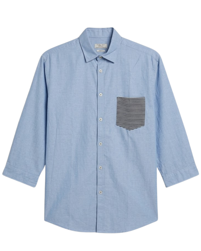 ZARA MAN Blue Asian Fit Shirt with Striped Contrast Pocket