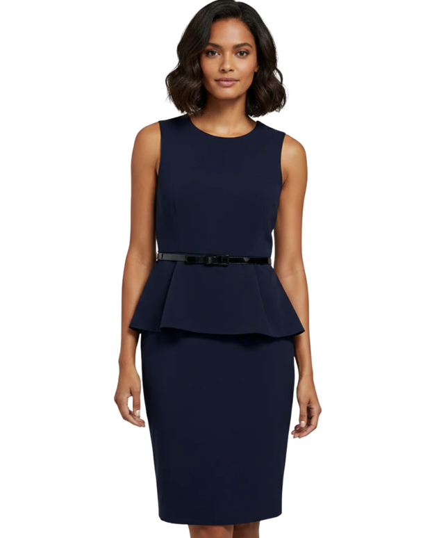 Calvin Klein Navy Blue Peplum Sheath Dress with Belt