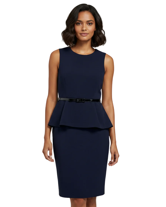 Calvin Klein Navy Blue Peplum Sheath Dress with Belt