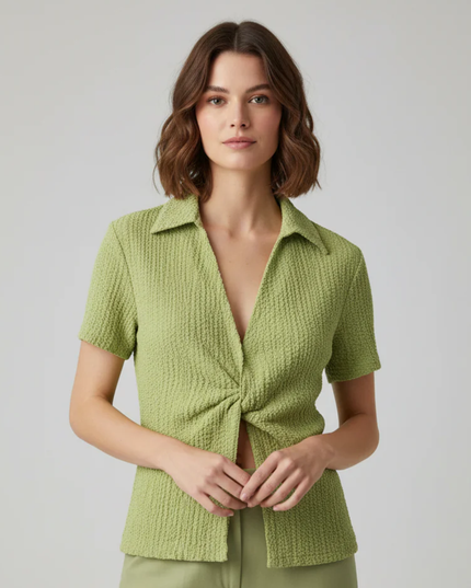 Third Form Green Textured Knot Front Top
