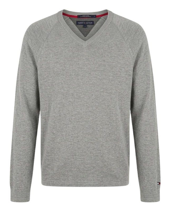 Tommy Hilfiger Grey V-Neck Ribbed Cotton Sweater