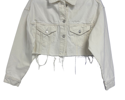 Bershka White Cropped Denim Jacket with Raw Hem