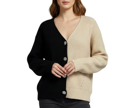 Forever 21 Black and Cream Split Jeweled Button Cardigan