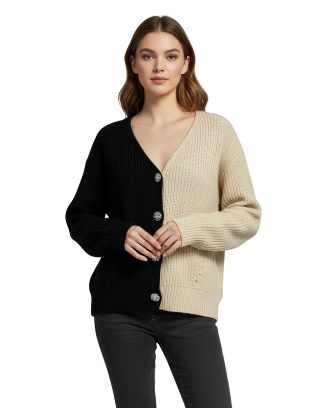 Forever 21 Black and Cream Split Jeweled Button Cardigan
