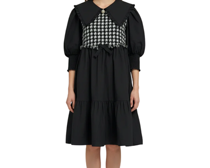 Vero Moda Black Ulrica Houndstooth Panel Tiered Mini Dress