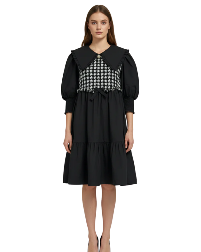 Vero Moda Black Ulrica Houndstooth Panel Tiered Mini Dress
