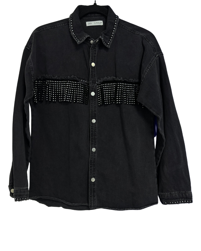 ZARA Black Rhinestone Fringe Denim-Style Shirt