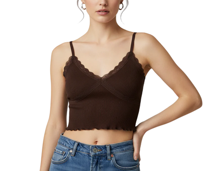 H&M Brown Ribbed Lace Trim Cami Crop Top