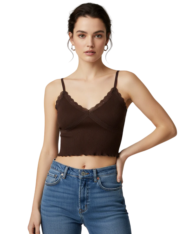 H&M Brown Ribbed Lace Trim Cami Crop Top