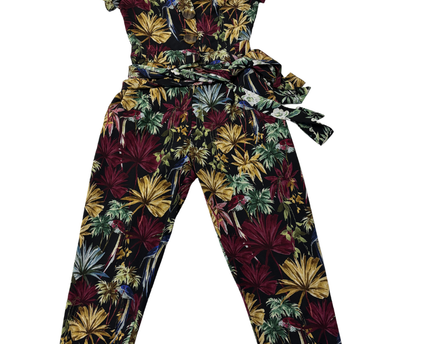 Zara Black Floral Short Sleeve Belted Jumpsuit