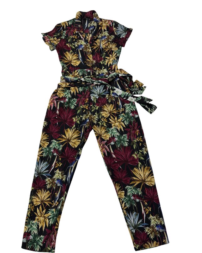 Zara Black Floral Short Sleeve Belted Jumpsuit