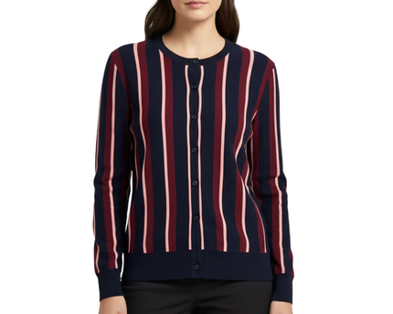 Ann Taylor Navy Blue, Burgundy, and Pink Striped Petite Cardigan