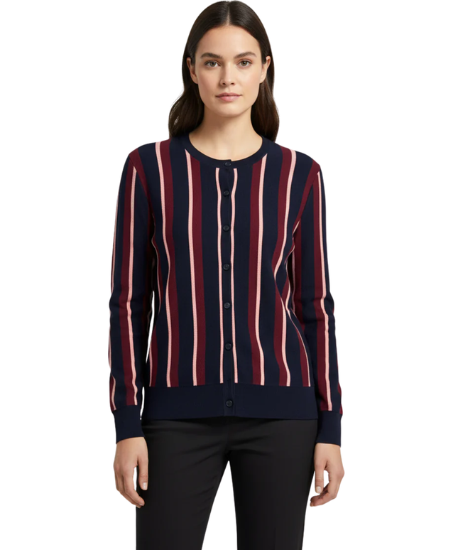 Ann Taylor Navy Blue, Burgundy, and Pink Striped Petite Cardigan