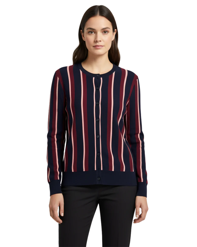 Ann Taylor Navy Blue, Burgundy, and Pink Striped Petite Cardigan