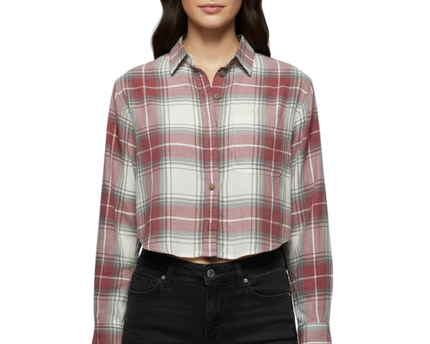 American Eagle Red Plaid Cropped Button-Up Shirt