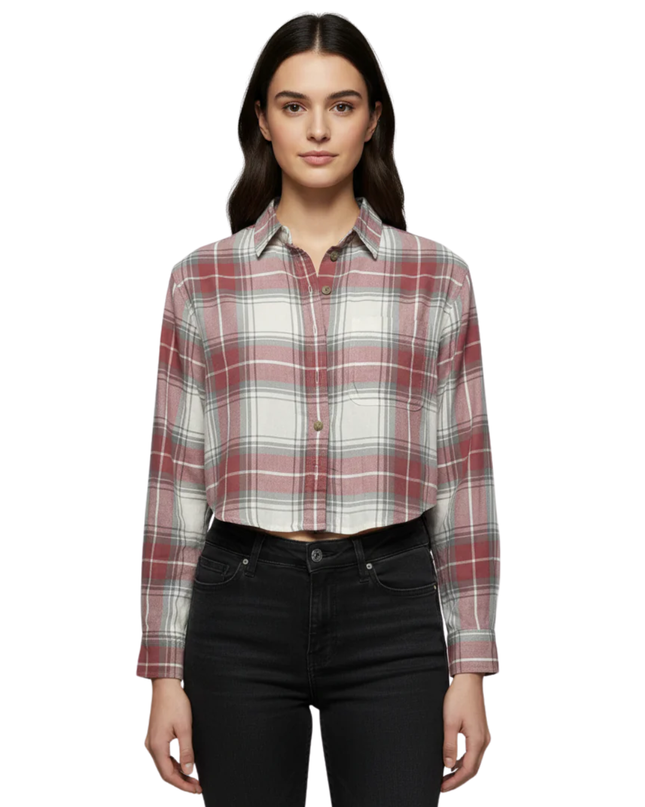 American Eagle Red Plaid Cropped Button-Up Shirt