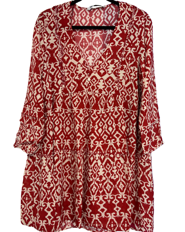 Zara Red Ikat Print Tiered Mini Dress