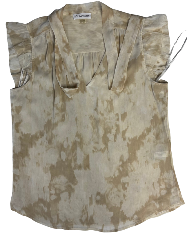 Calvin Klein Beige Abstract Print Ruffle Sleeve Blouse