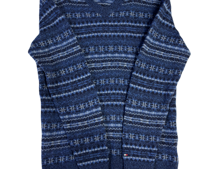 Tommy Hilfiger Blue Fair Isle Pattern V-Neck Knit Sweater