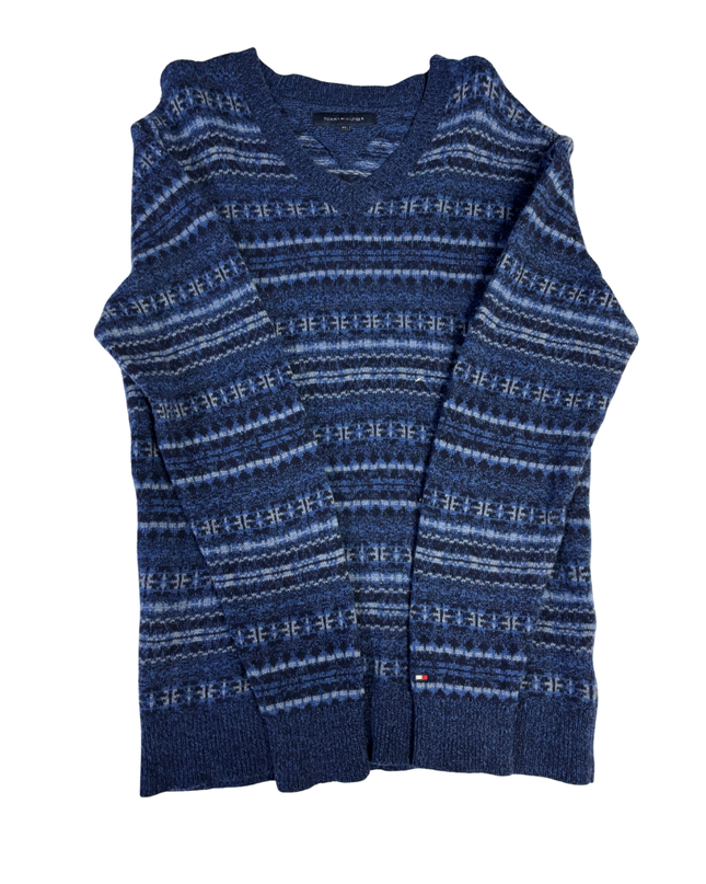 Tommy Hilfiger Blue Fair Isle Pattern V-Neck Knit Sweater