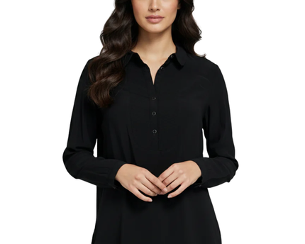 Iconic Black Viscose Bib-Front Long Sleeve Blouse