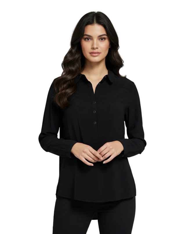 Iconic Black Viscose Bib-Front Long Sleeve Blouse