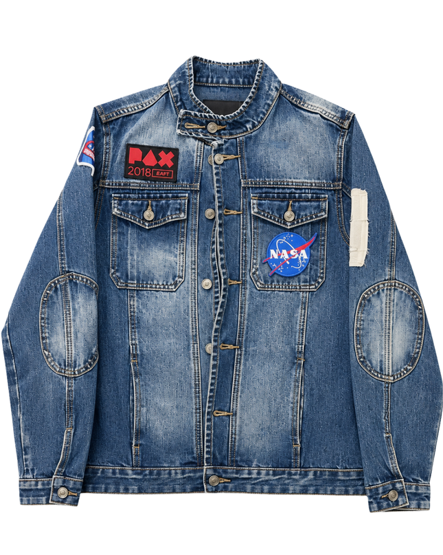Idopy Blue Distressed Denim Jacket with NASA and PAX Patches