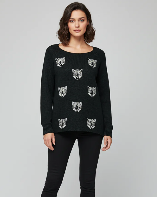 SUITEBLANCO Black Leopard Head Embroidered Knit Sweater
