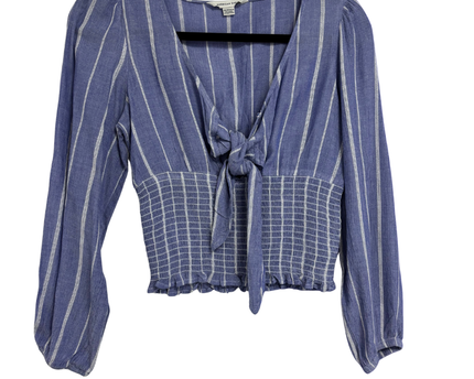 American Eagle Blue/White Striped Tie-Front Smocked Top