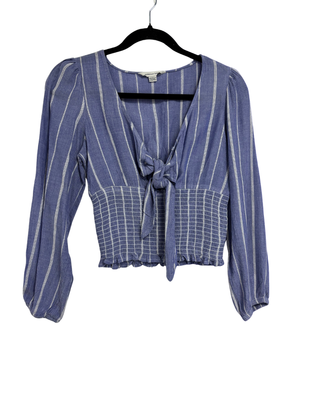 American Eagle Blue/White Striped Tie-Front Smocked Top