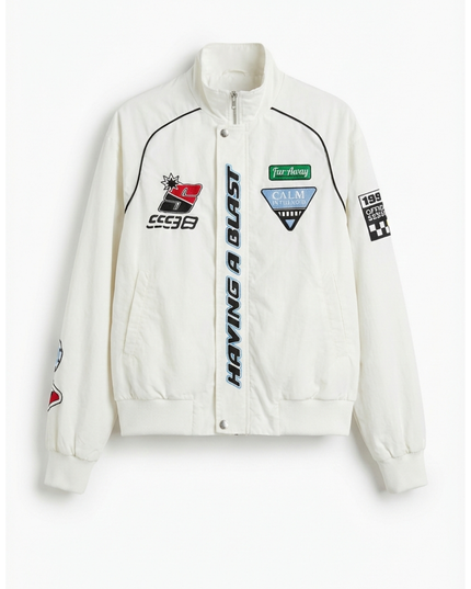 Bershka White Racing Inspired Graphic Windbreaker Jacket