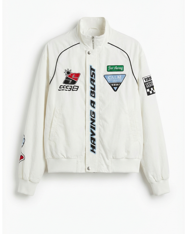 Bershka White Racing Inspired Graphic Windbreaker Jacket