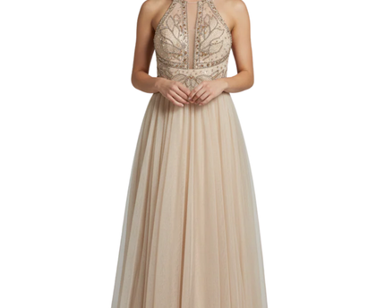 Betsy & Adam Champagne Embellished Halter Neck Gown