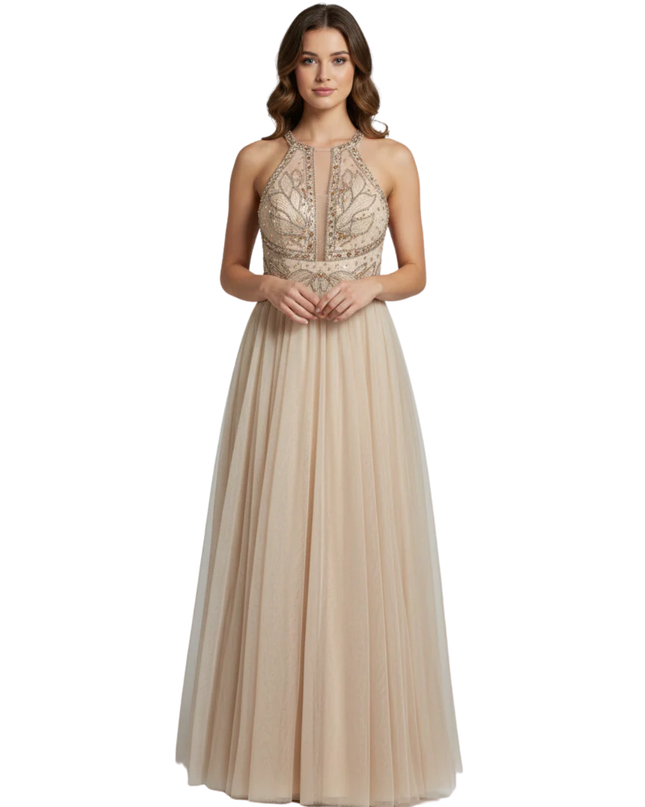 Betsy & Adam Champagne Embellished Halter Neck Gown