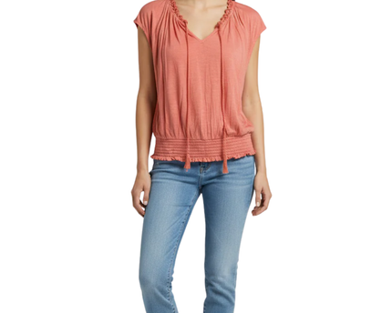 American Eagle Outfitters Coral Crochet Trim Smocked Hem Top
