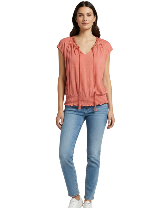 American Eagle Outfitters Coral Crochet Trim Smocked Hem Top