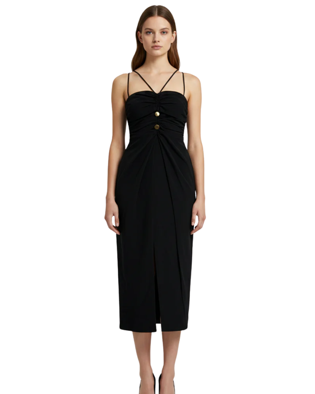 Zara Black Ruched Cut-Out Midi Dress