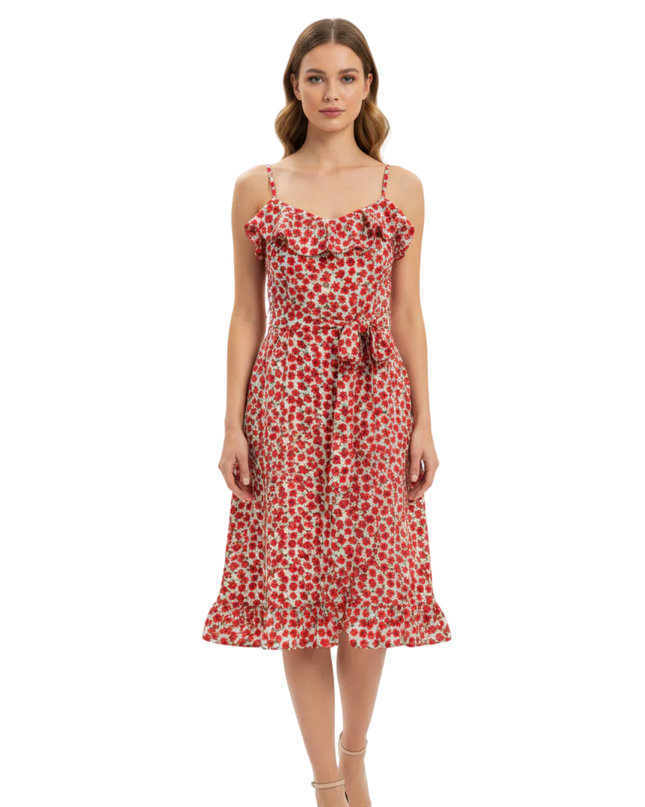 Topshop Red Floral Ruffle Mini Dress with Tie Front
